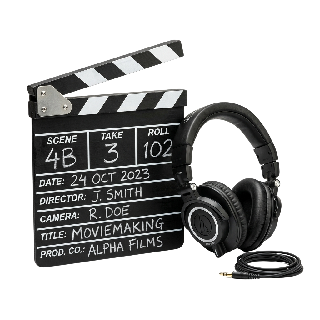 Black clapperboard showing scene, take, and roll details next to black studio headphones on black background
