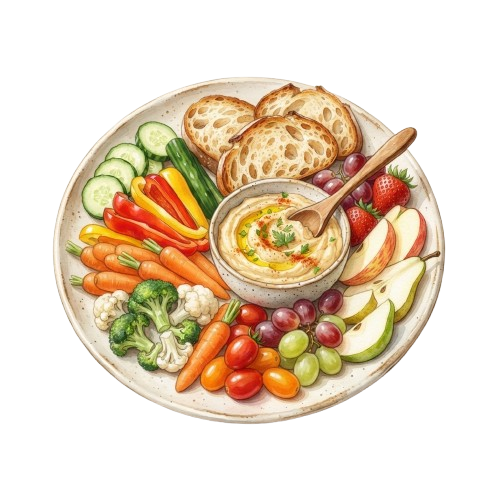 A white plate with fresh vegetables, fruit, hummus dip, and bread on a dark background
