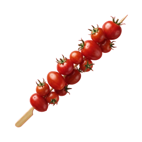 A skewer with nine bright red cherry tomatoes on a wooden stick against a black background