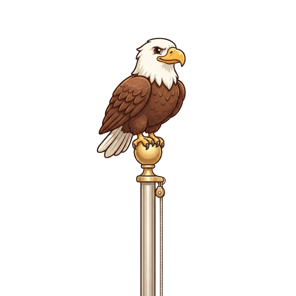 Illustration of a bald eagle perched on top of a golden pole against a black background