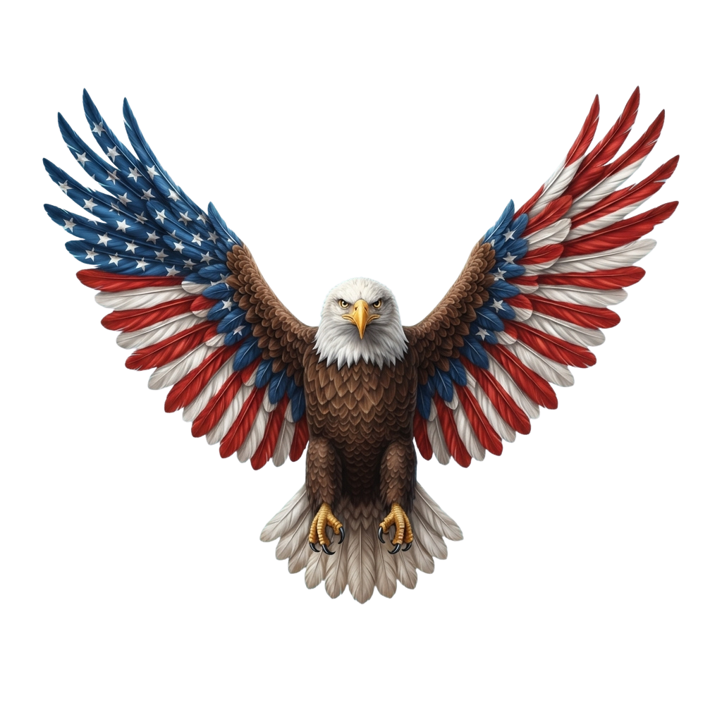 Bald eagle with wings spread displaying stars and stripes pattern resembling the US flag