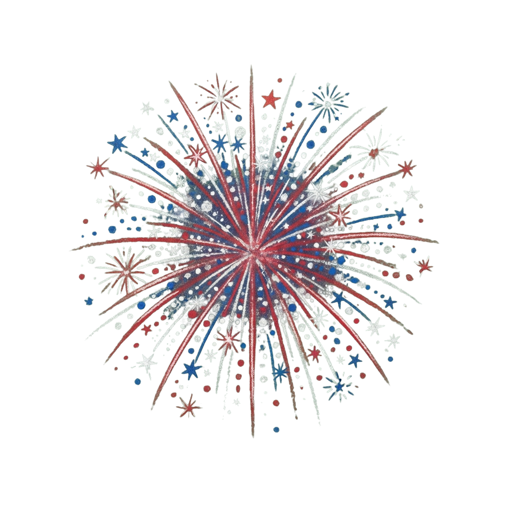 A vibrant fireworks explosion with red, white, and blue colors on a dark background