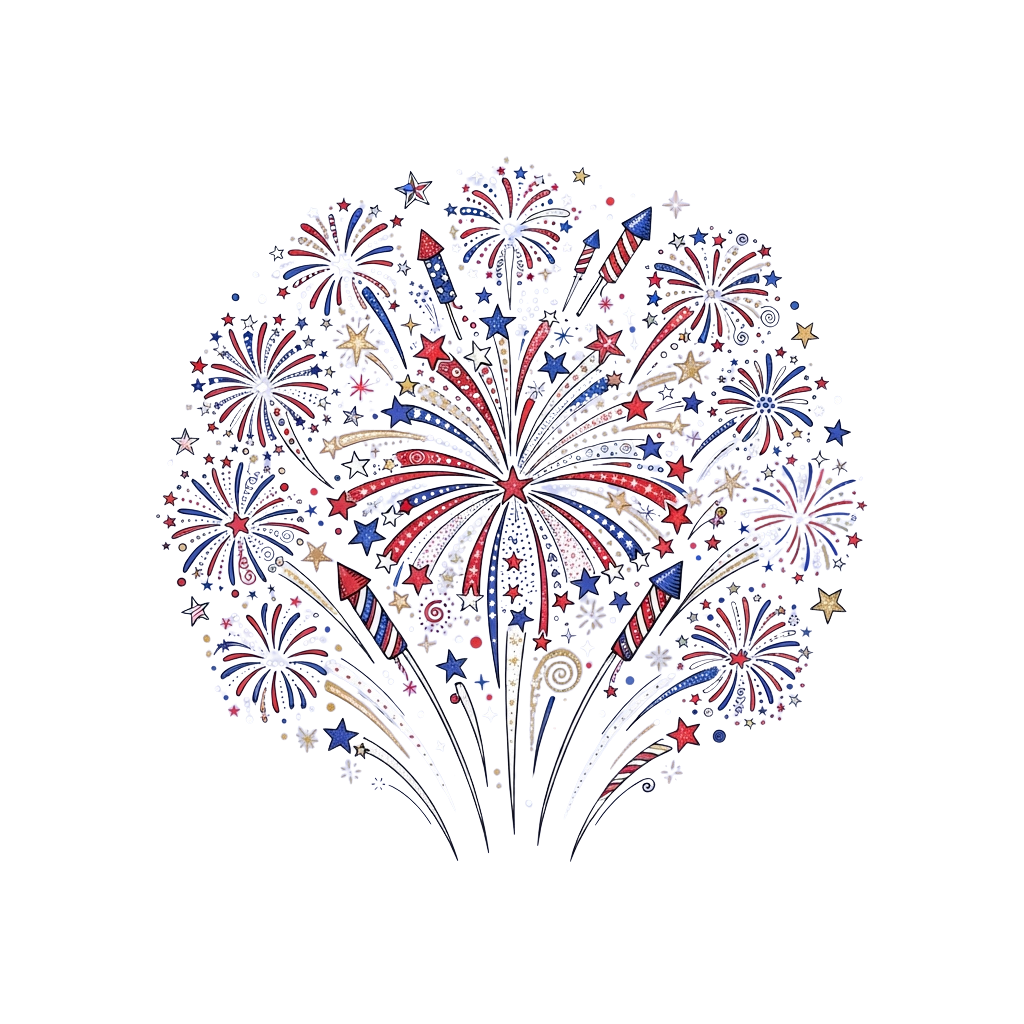 Colorful fireworks in red, white, and blue bursting against a black background