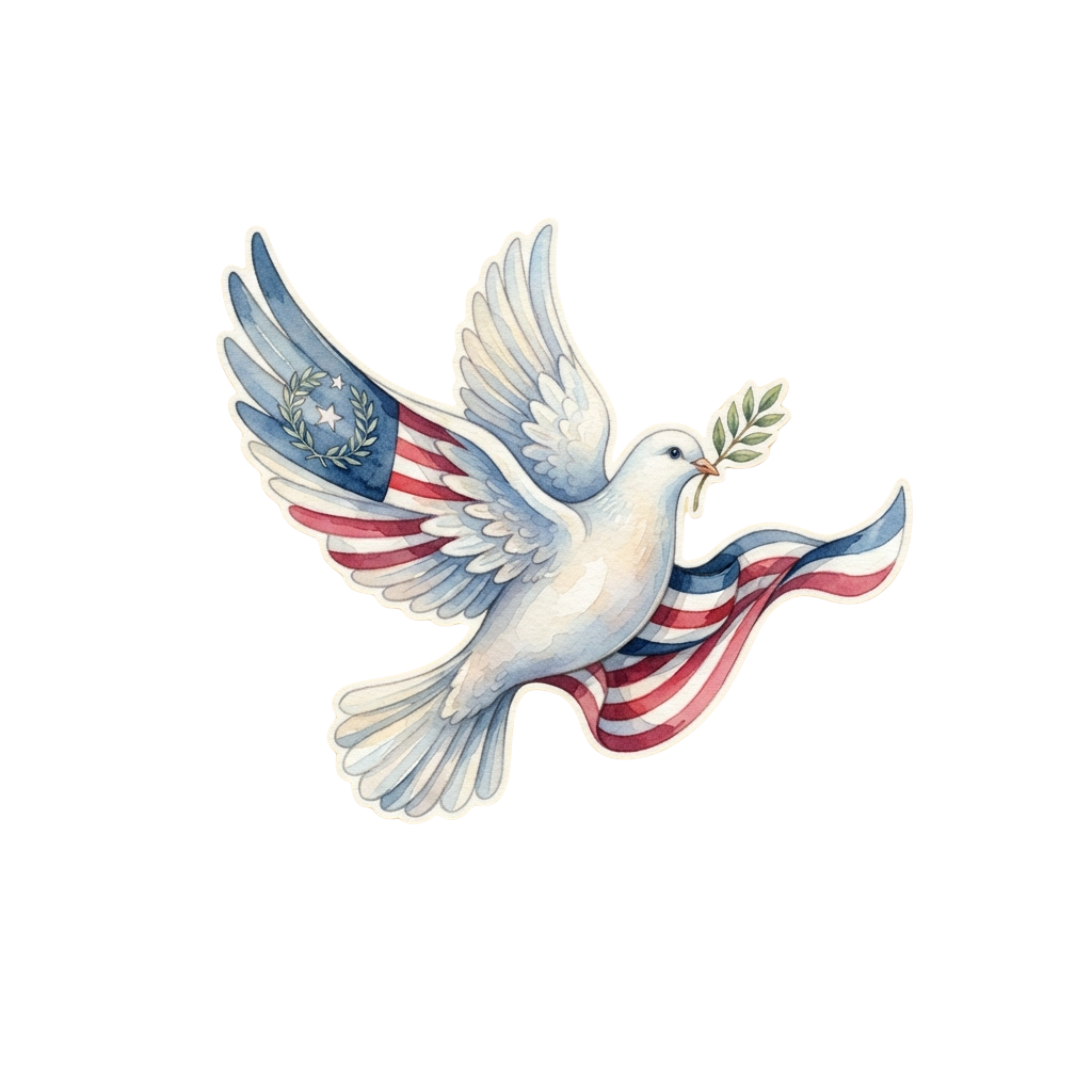 A white dove in flight holding an olive branch, with a US flag and wreath on its wings against a black background