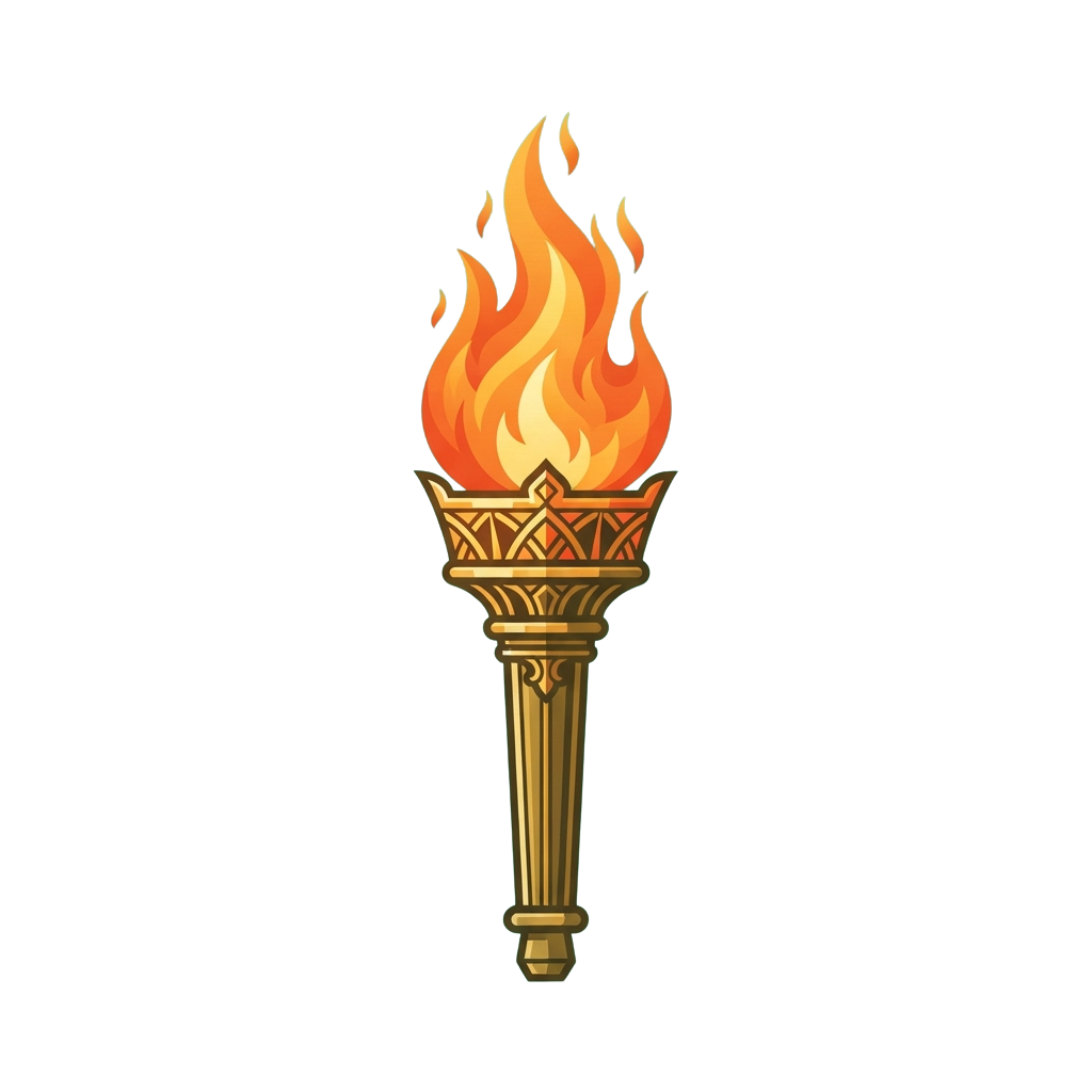 Illustration of a golden torch with an intricate design and bright orange flames at the top