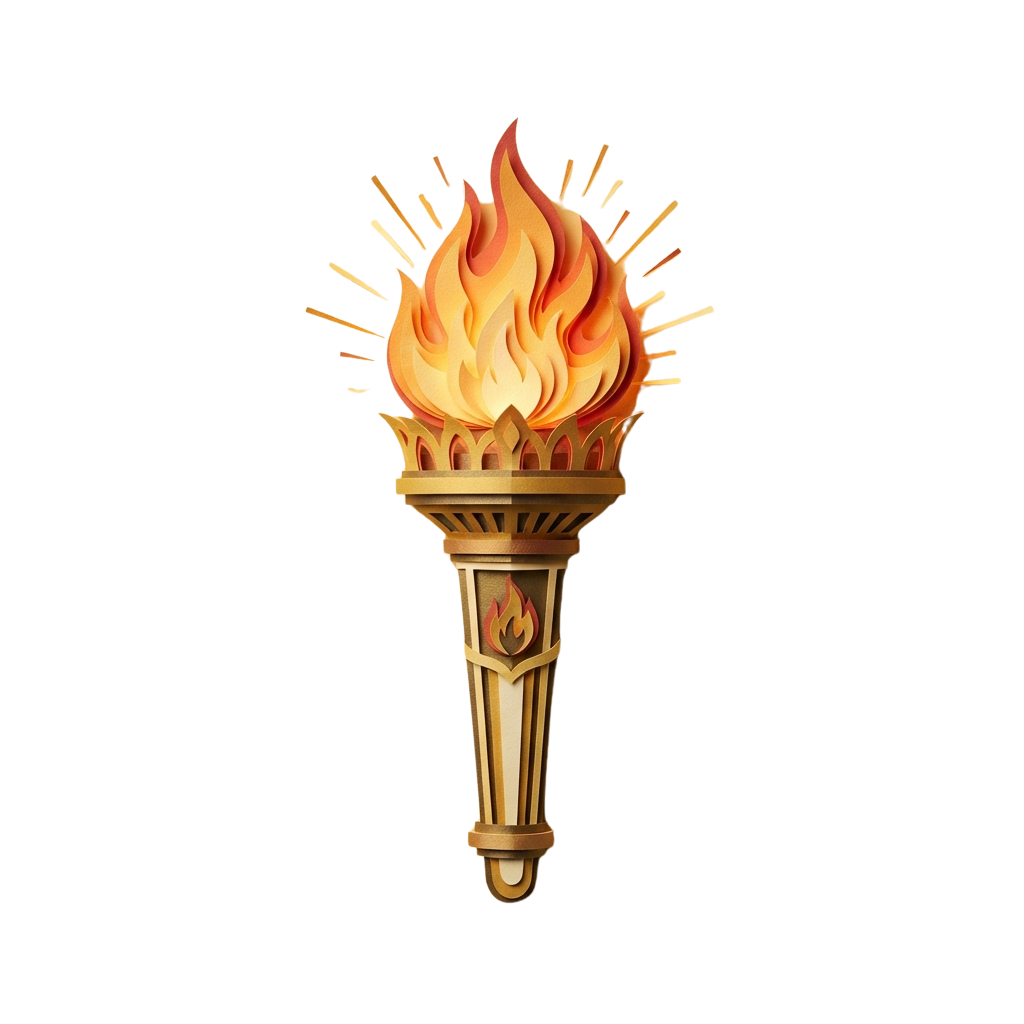Illustration of a golden torch with bright orange and yellow flames at the top