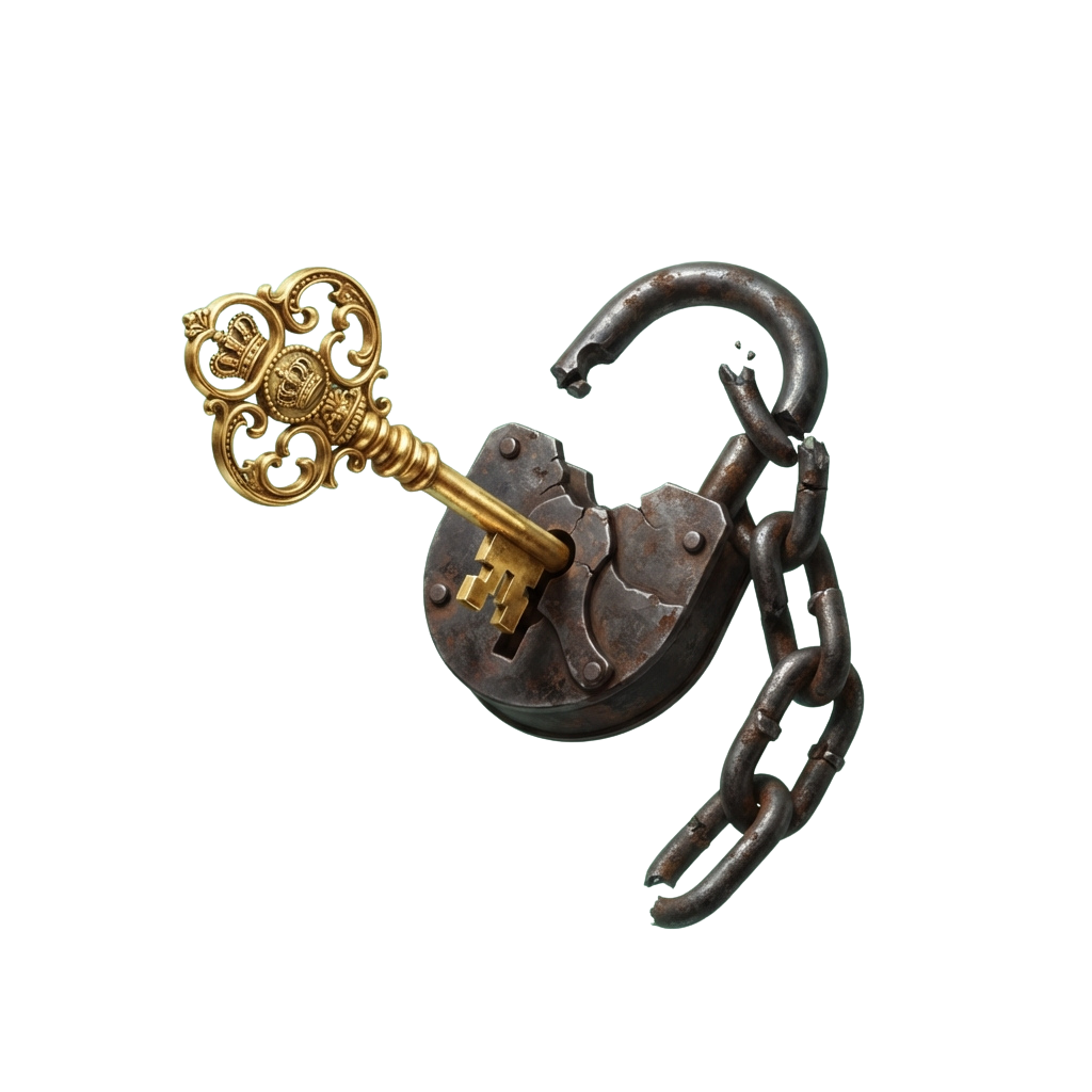 A golden ornate key inserted into an old rusted padlock connected by a chain