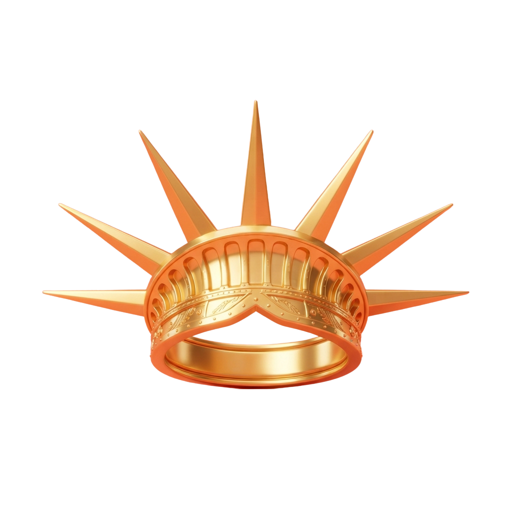 A detailed 3D rendering of the golden crown of the Statue of Liberty with seven spikes.