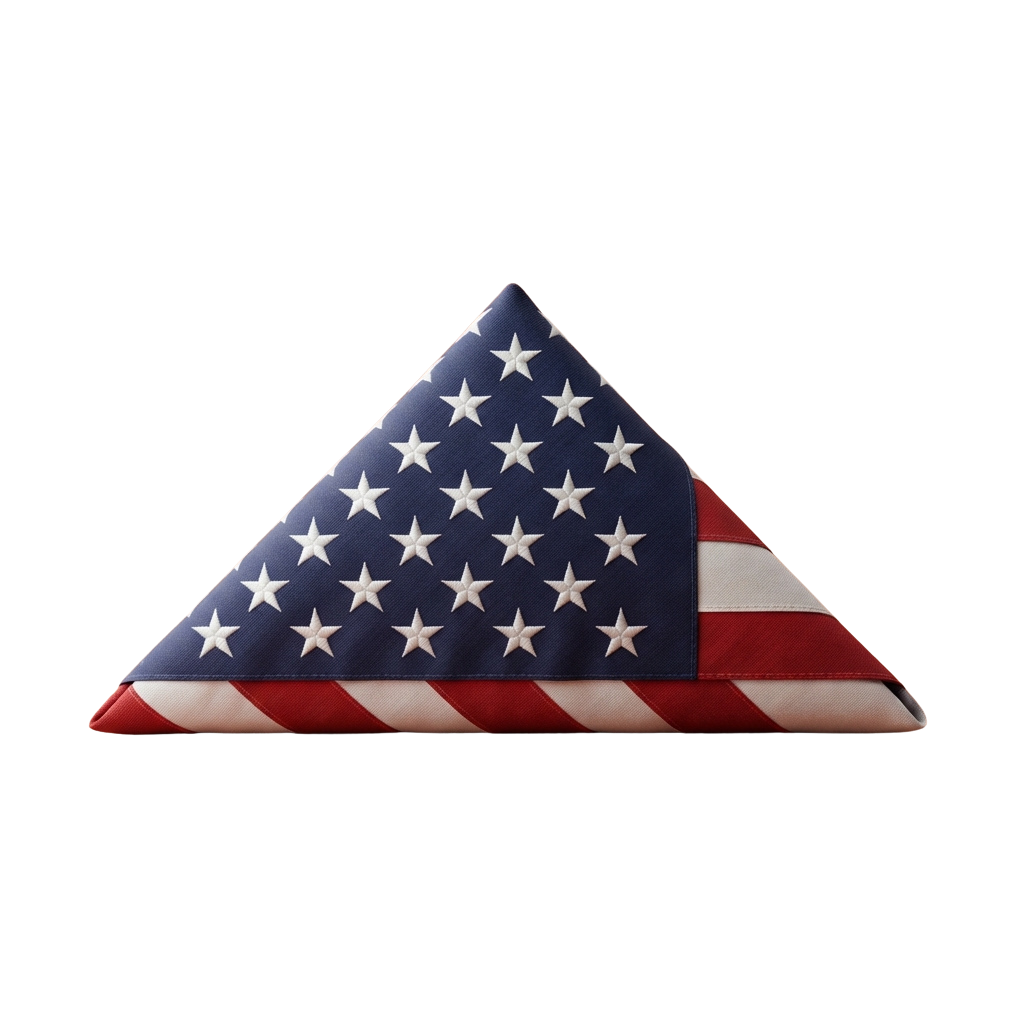 A triangular piece of fabric designed like the American flag with stars and stripes