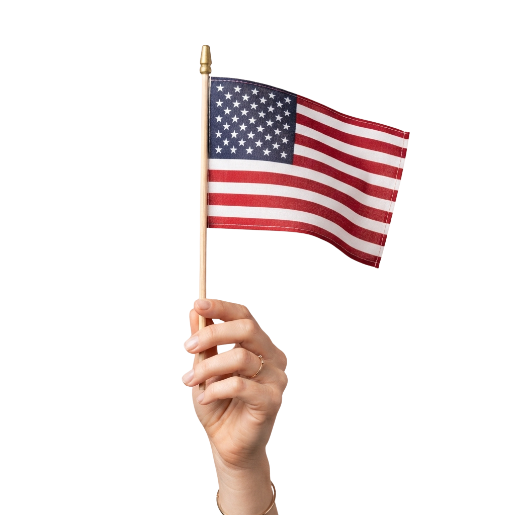 A hand holding a small American flag on a white flagpole against a black background