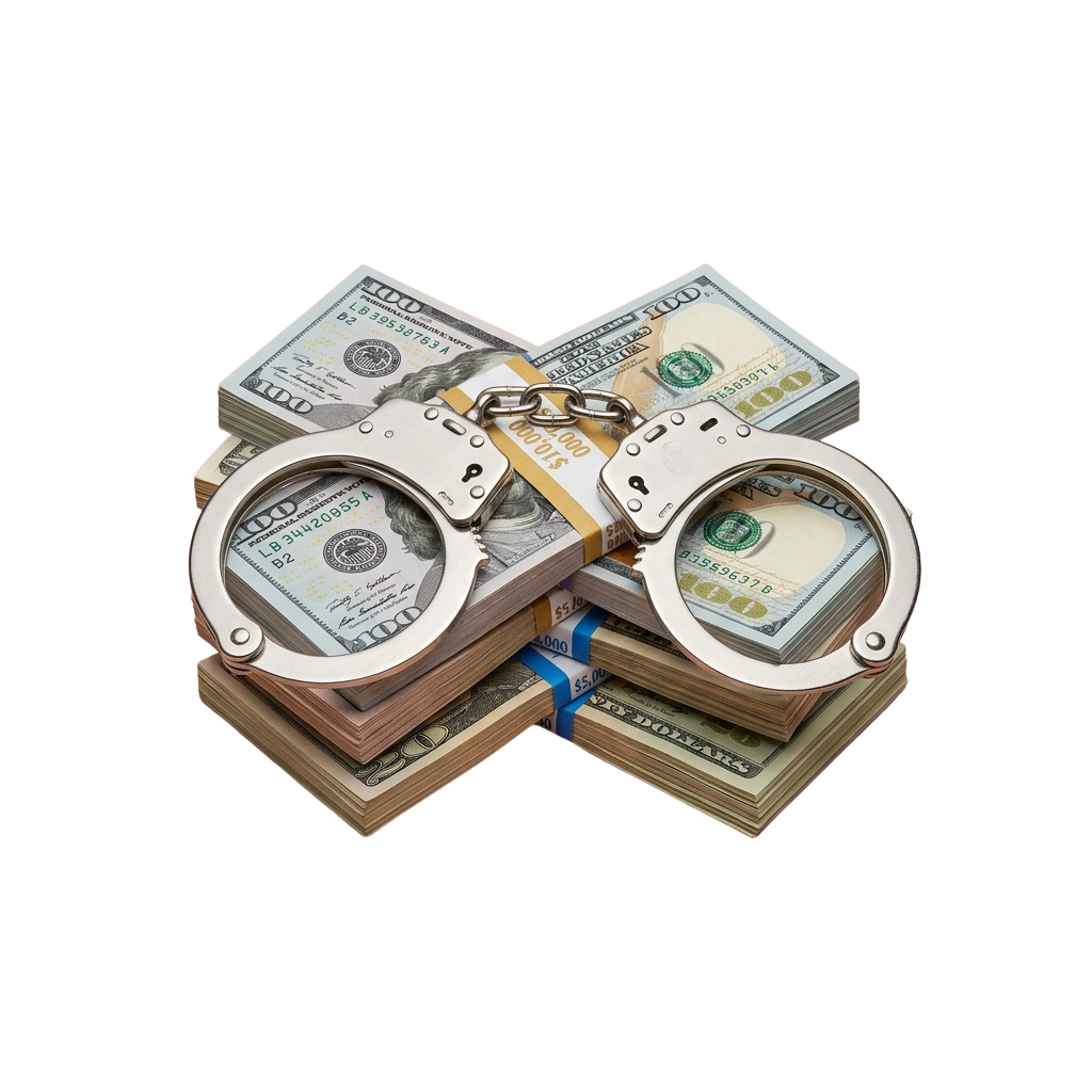 Two pairs of handcuffs locked around bundles of US hundred-dollar bills.