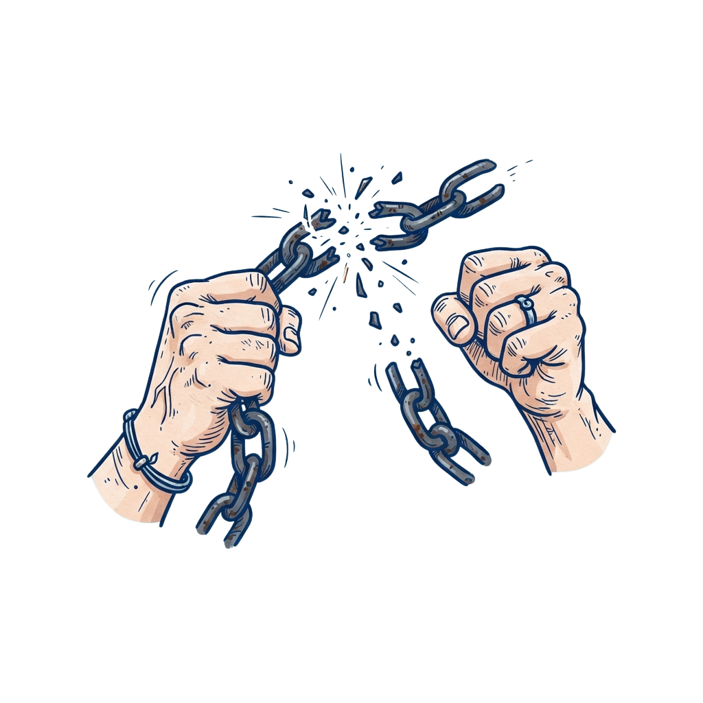 Two hands breaking apart a chain link, symbolizing freedom and breaking free from constraints