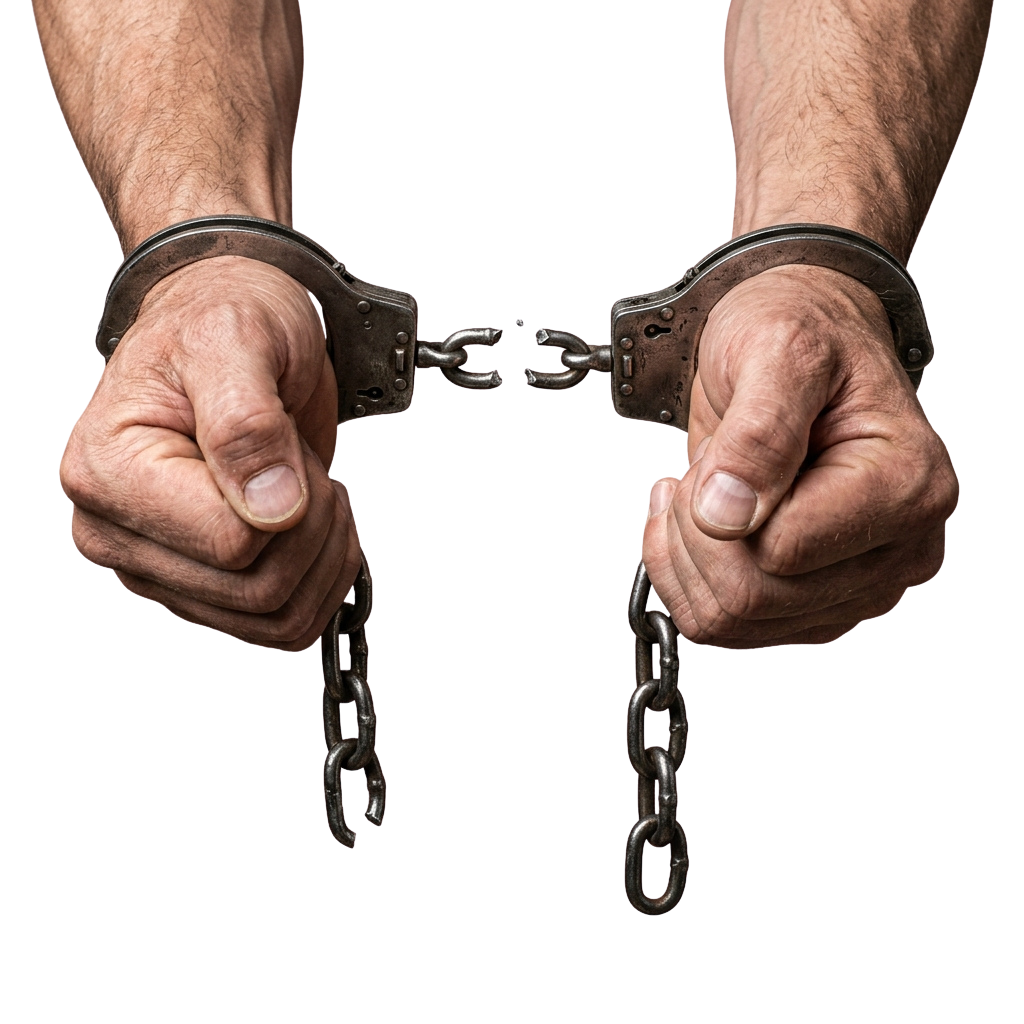 Two hands cuffed together with metal handcuffs and chain against a dark background