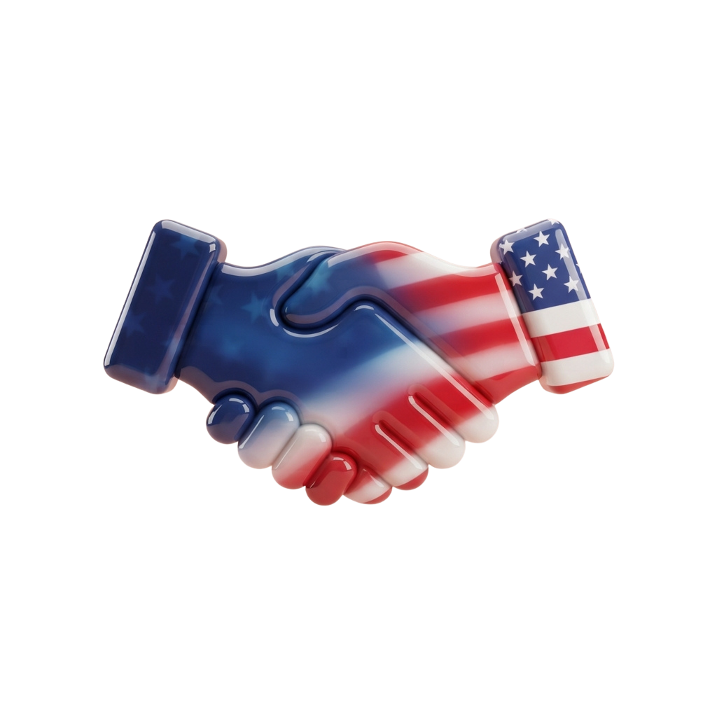Two hands shaking with one hand in blue and white colors and the other in red, white, and blue with stars, representing France and the USA.