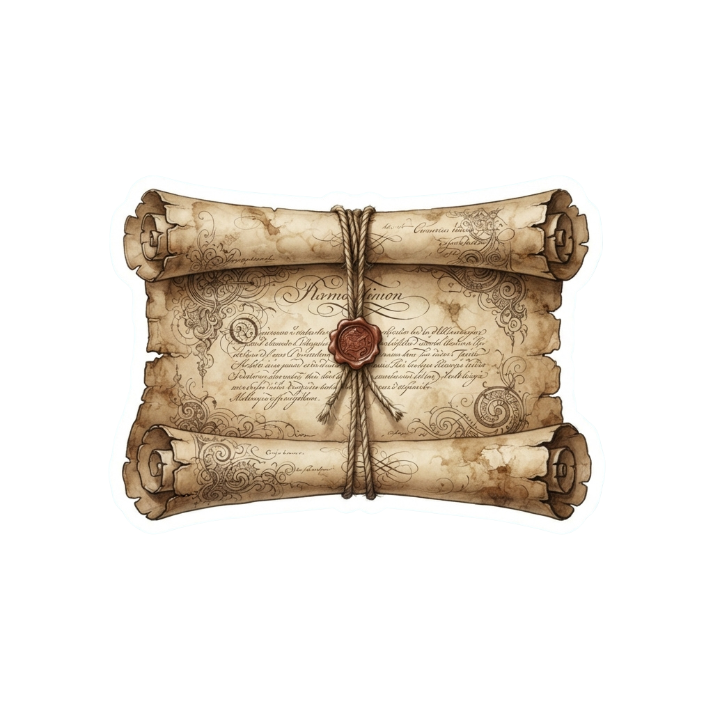 Aged parchment scroll tied with twine and sealed with a wax stamp, resembling an old historical document