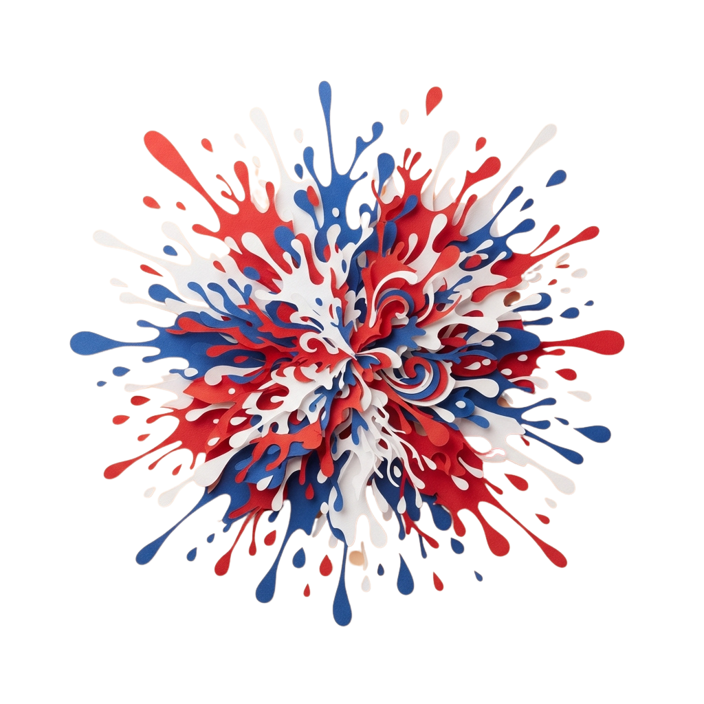 Dynamic abstract splash art with red, white, and blue colors radiating outward