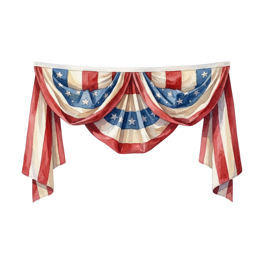 Decorative swag drapery featuring red, white, and blue stripes with star patterns hanging against a dark background