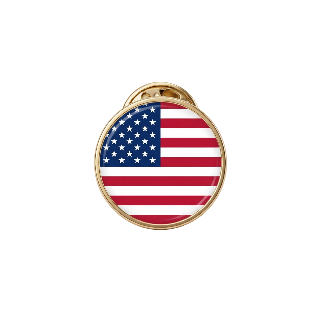 Shiny gold lapel pin featuring the US flag with stars and stripes