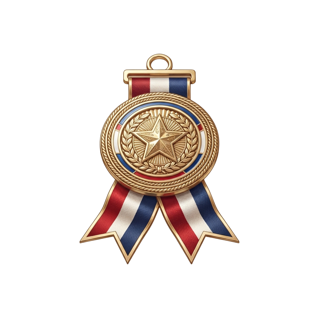A gold-colored medal featuring a star and laurel wreath, attached to a ribbon with red, white, and blue stripes