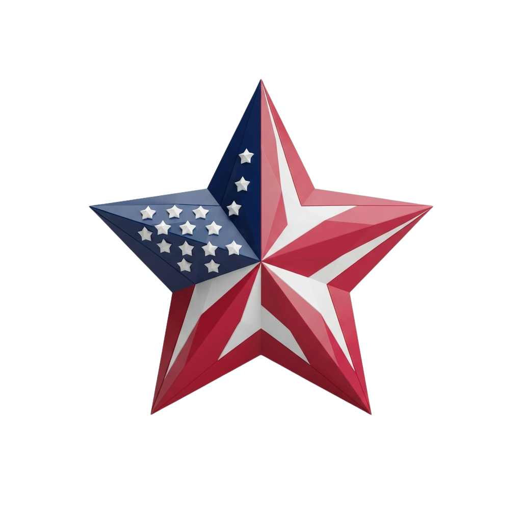 A three-dimensional star composed of red white and blue colors resembling the American flag