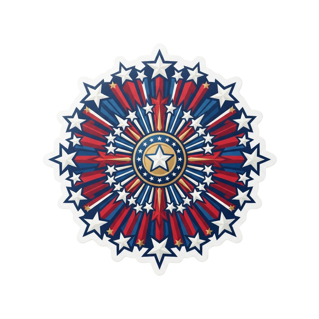 Colorful fireworks pattern with stars radiating from a central star, in red, white, and blue colors
