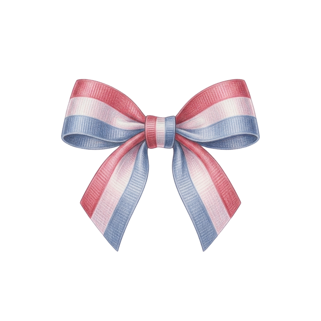 A decorative bow made of pink, white, and blue ribbons tied in a classic bow shape