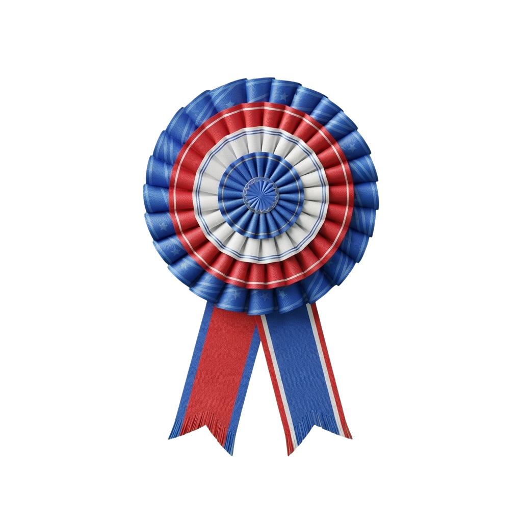 Award ribbon badge with blue outer ring, red and white striped middle, and blue ribbon with red and white stripes