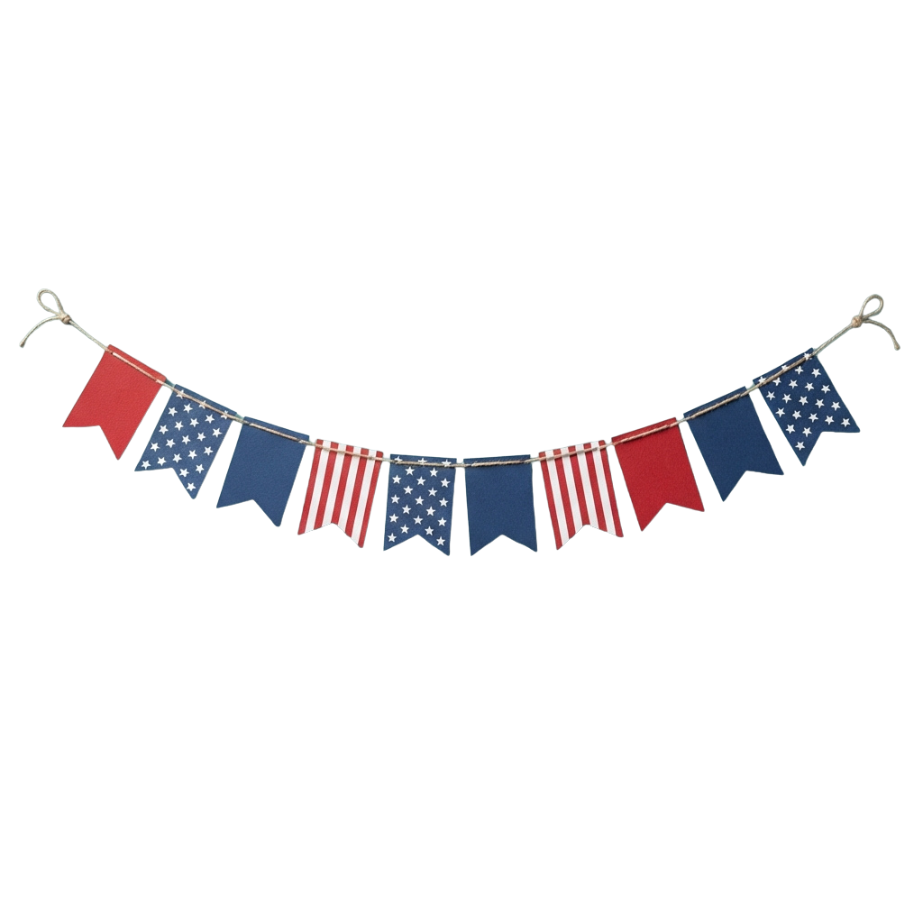 String of triangular bunting flags in red, white, and blue with stars and stripes pattern
