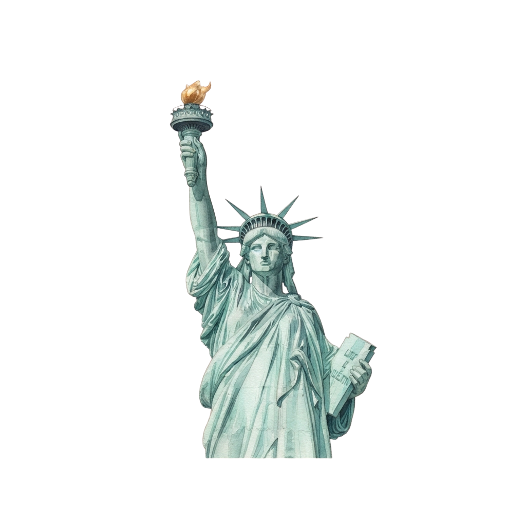 Statue of Liberty figure raising torch in right hand and holding tablet in left arm against black background