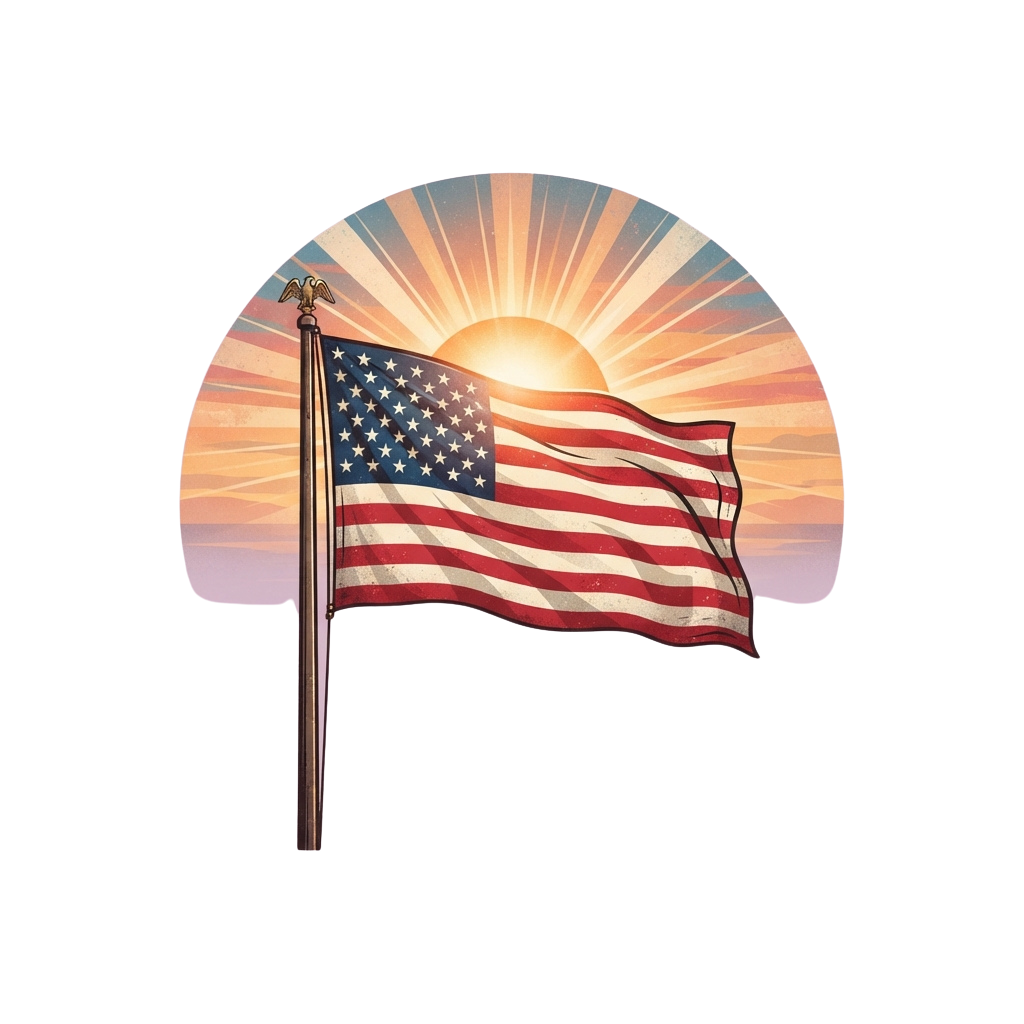 An American flag waving on a flagpole with an eagle head at sunrise, glowing rays in the background