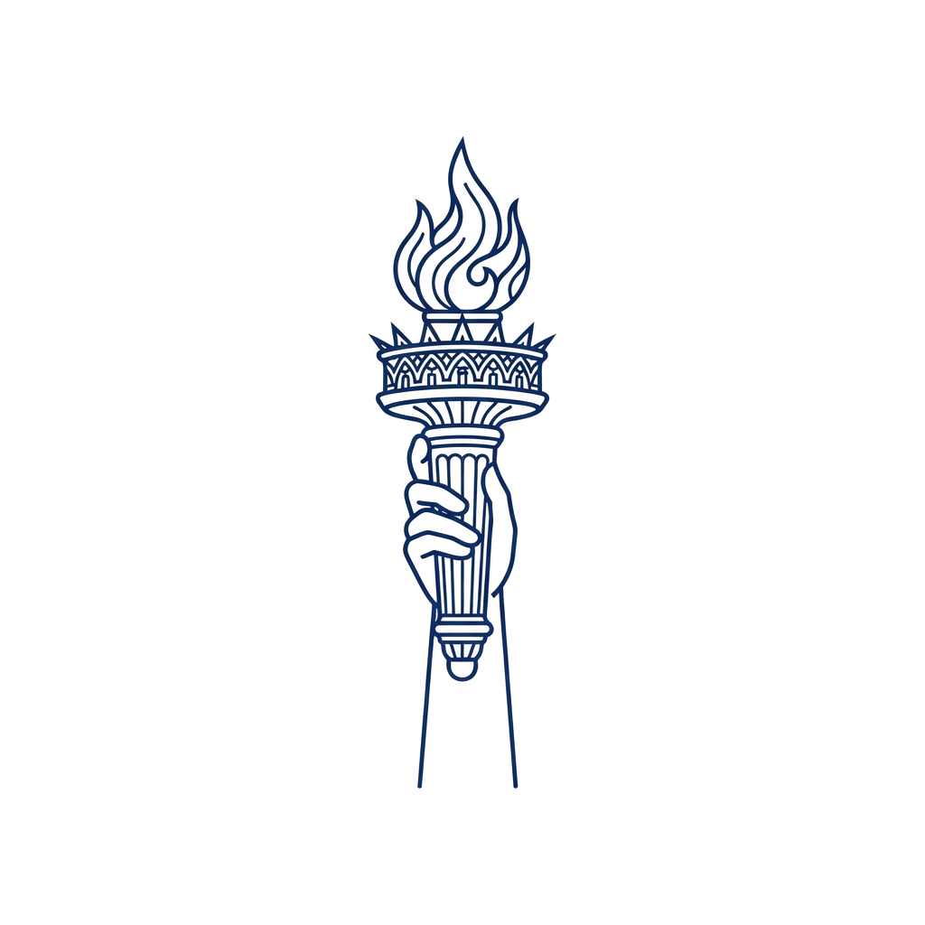 A stylized blue illustration of an Olympic torch with a flame on top