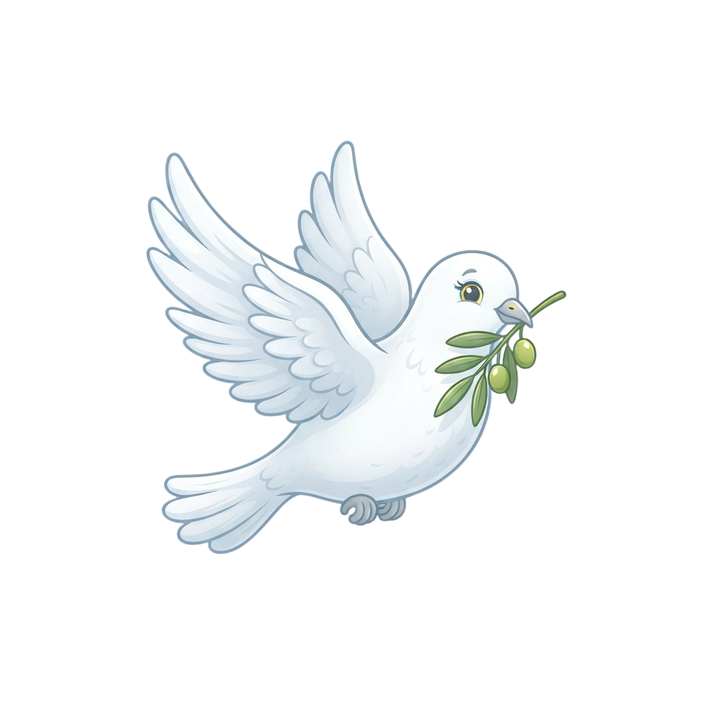 A white dove in flight holding an olive branch in its beak against a black background