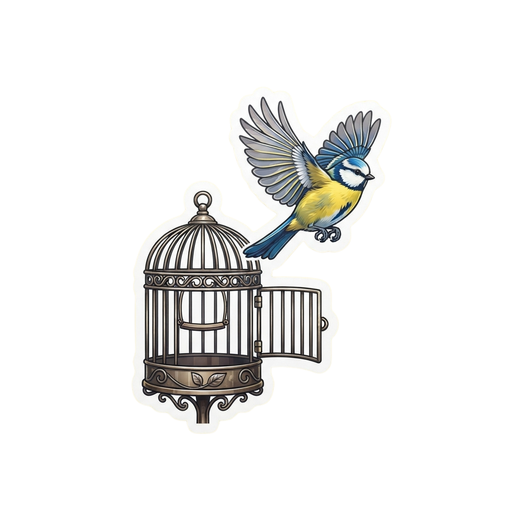 A blue and yellow bird flying out of an ornate open cage sticker design