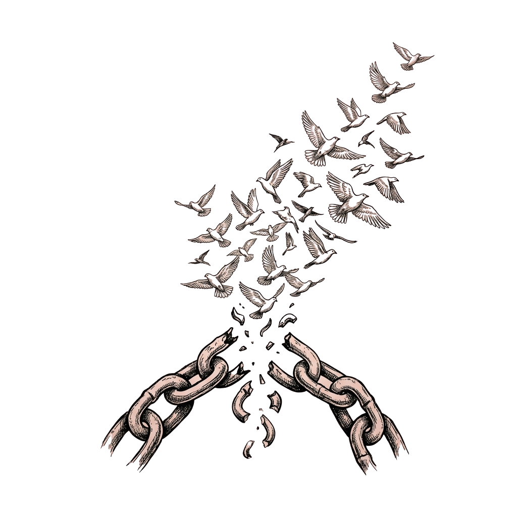 A stylized tree with birds perched on its branches and roots resembling chains.