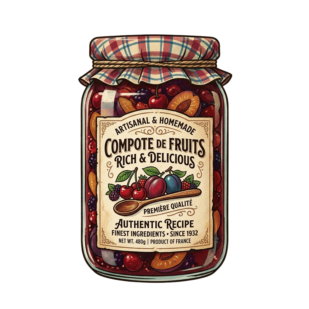 Jar of colorful artisanal compote de fruits with a plaid lid and vintage-style label.
