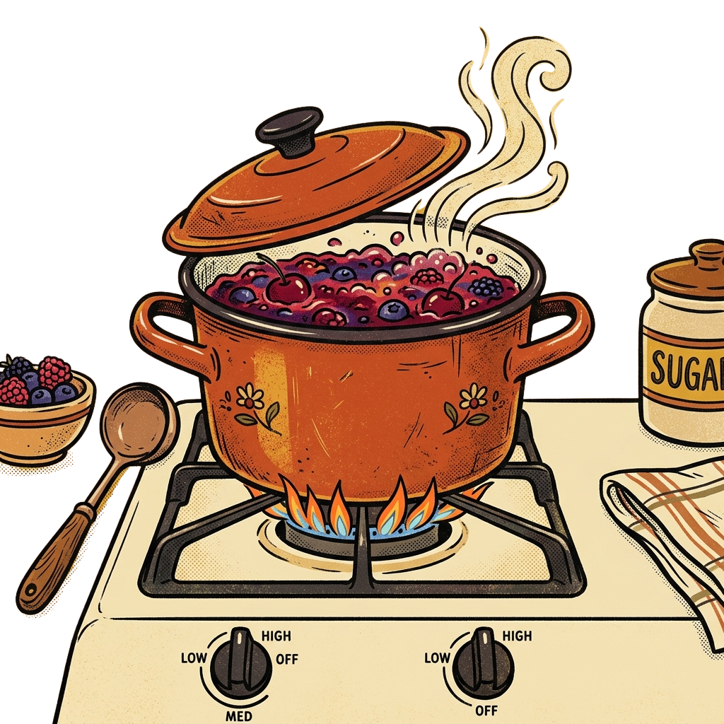 A pot of mixed berries simmering on a gas stove with steam rising, a wooden spoon, and a sugar container nearby.