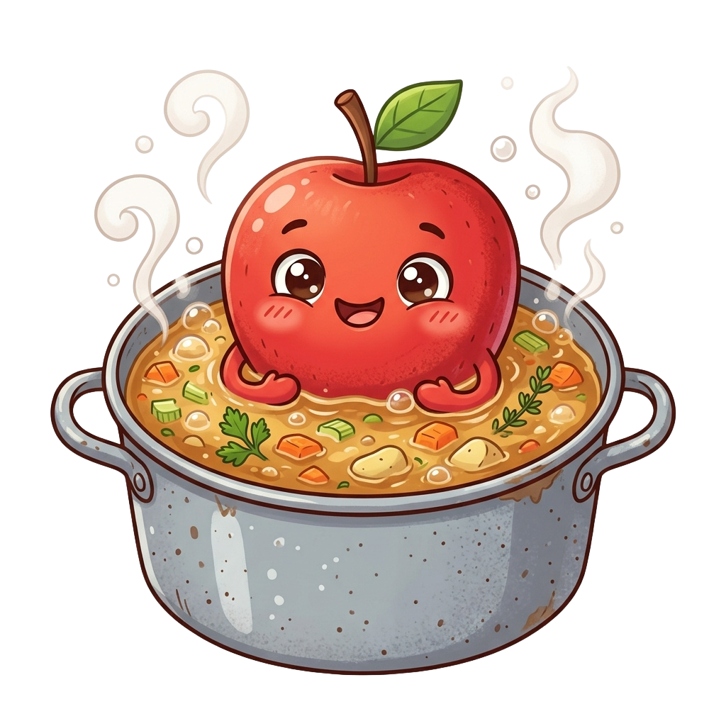 A smiling red apple with a green leaf sitting in a pot of stew with vegetables, emitting question marks and steam.