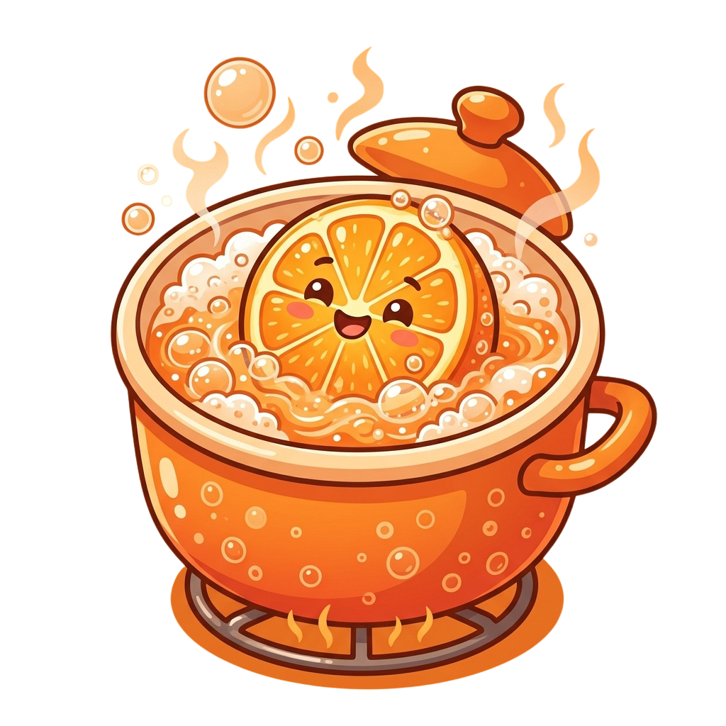 A cartoon pot of steaming orange liquid with a smiling sliced orange floating inside