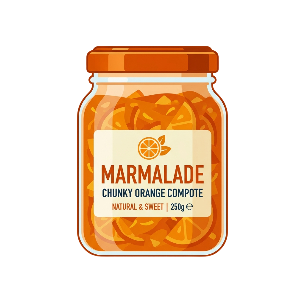 Jar of chunky orange marmalade compote with orange slices visible, labeled natural and sweet, 250 grams
