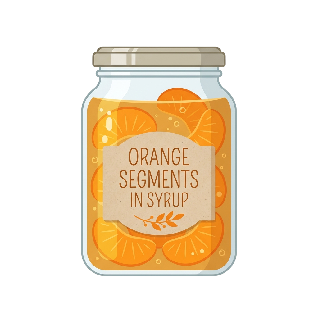 A jar filled with orange segments immersed in syrup, labeled Orange Segments in Syrup