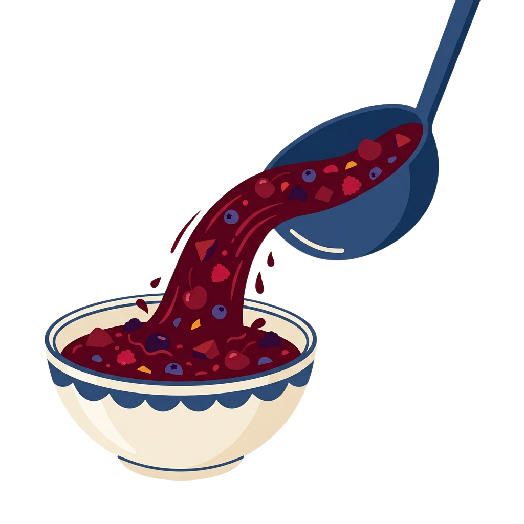 A blue spoon pouring thick red berry jam into a decorative bowl filled with mixed berries