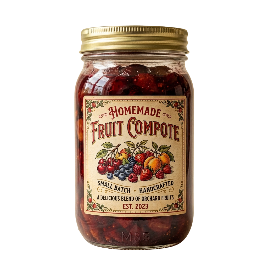 Glass jar of homemade fruit compote with colorful fruits illustration on label