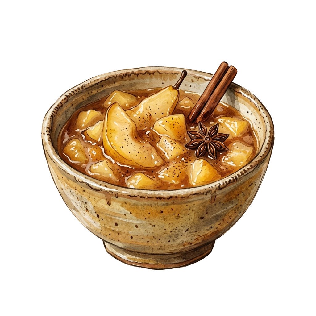 Ceramic bowl filled with spiced poached pears in syrup, garnished with cinnamon stick and star anise