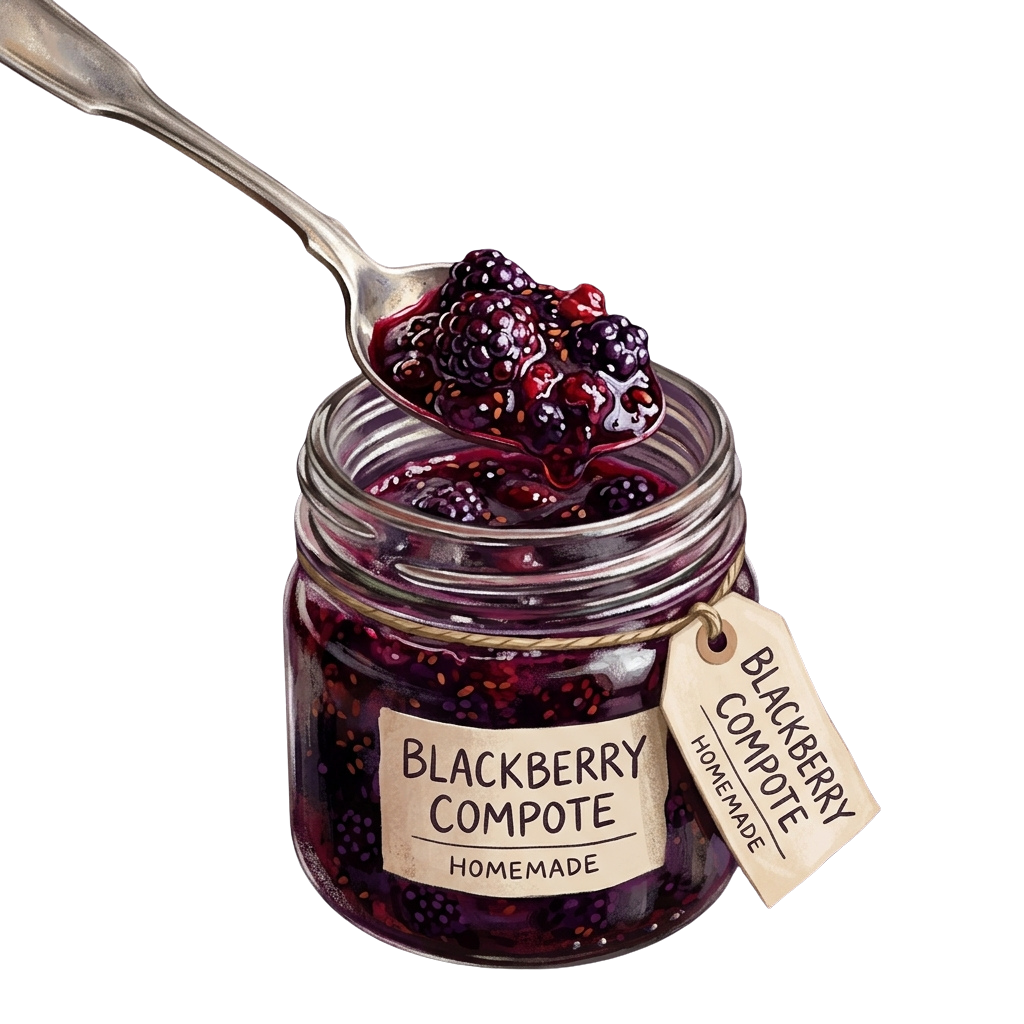 A glass jar of homemade blackberry compote with a spoonful of compote and whole berries on top, labeled homemade.