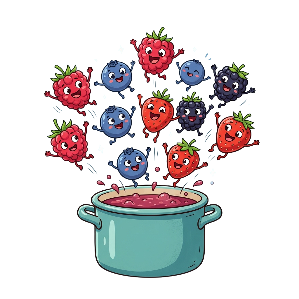Cartoon fruits like strawberries, raspberries, and blueberries popping out of a pot of jam with happy faces