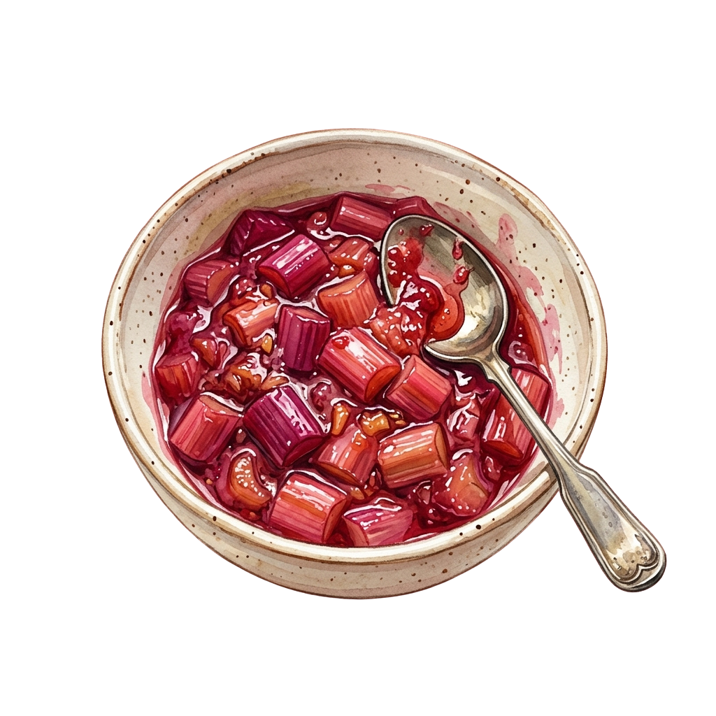 A ceramic bowl filled with pink rhubarb compote chunks and a spoon resting inside.