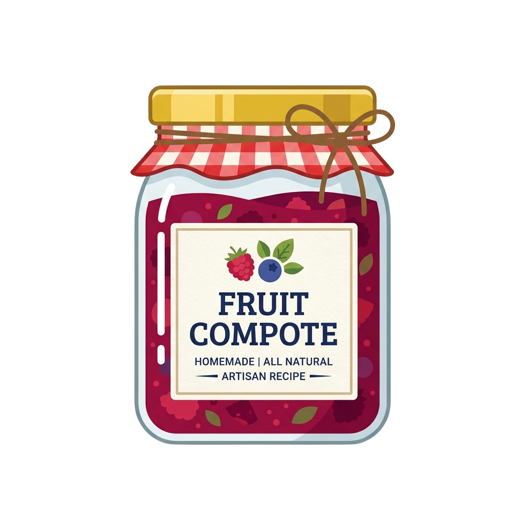 Illustration of a jar of fruit compote with a red checkered cloth and yellow lid, labeled homemade all natural artisanal recipe