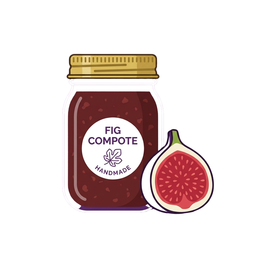 Jar of fig compote labeled handmade with a halved fresh fig beside it