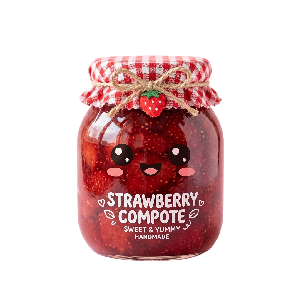 A jar of strawberry compote with a smiling face design and a red checkered cloth lid tied with twine and a strawberry decoration