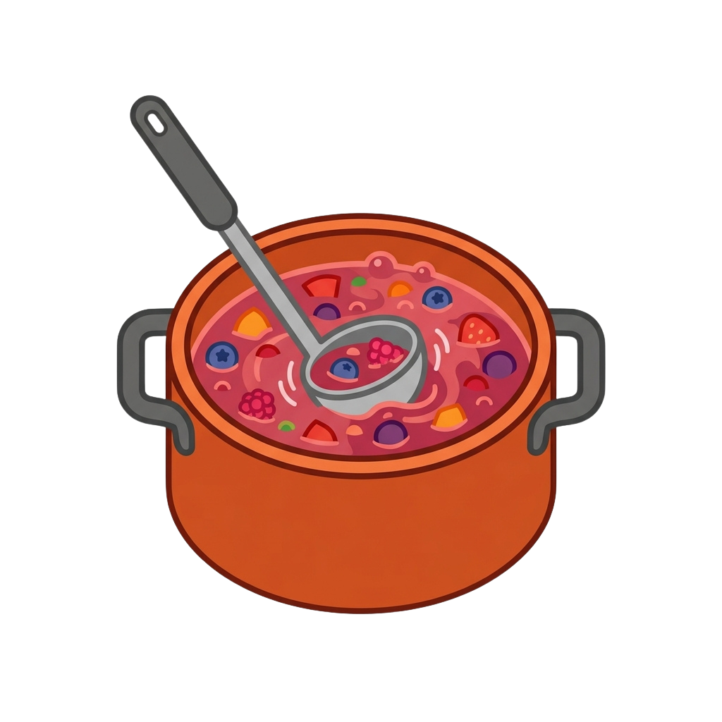 Illustration of a pot of colorful vegetable soup with a ladle inside